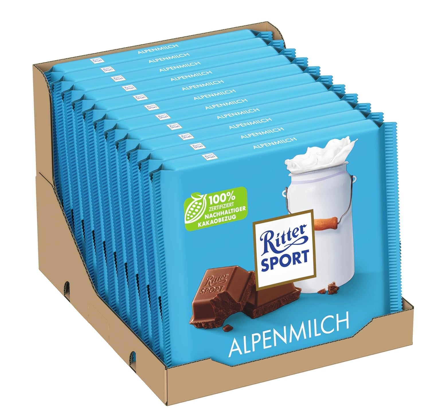 Ritter Sport 250g Alpská mléčná čokoláda, Nejjemnější plnotučná mléčná čokoláda se smetanovou chutí, Klasická čokoláda pro sdílení s přáteli, 11 tyčinek x 250 g