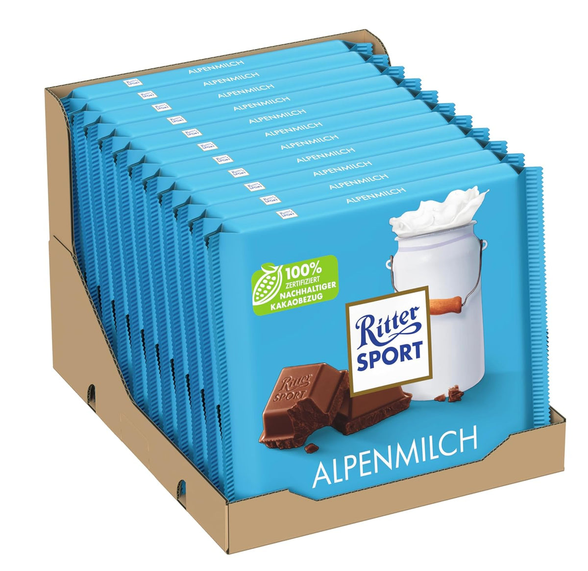 Ritter Sport 250g Alpská mléčná čokoláda, Nejjemnější plnotučná mléčná čokoláda se smetanovou chutí, Klasická čokoláda pro sdílení s přáteli, 11 tyčinek x 250 g