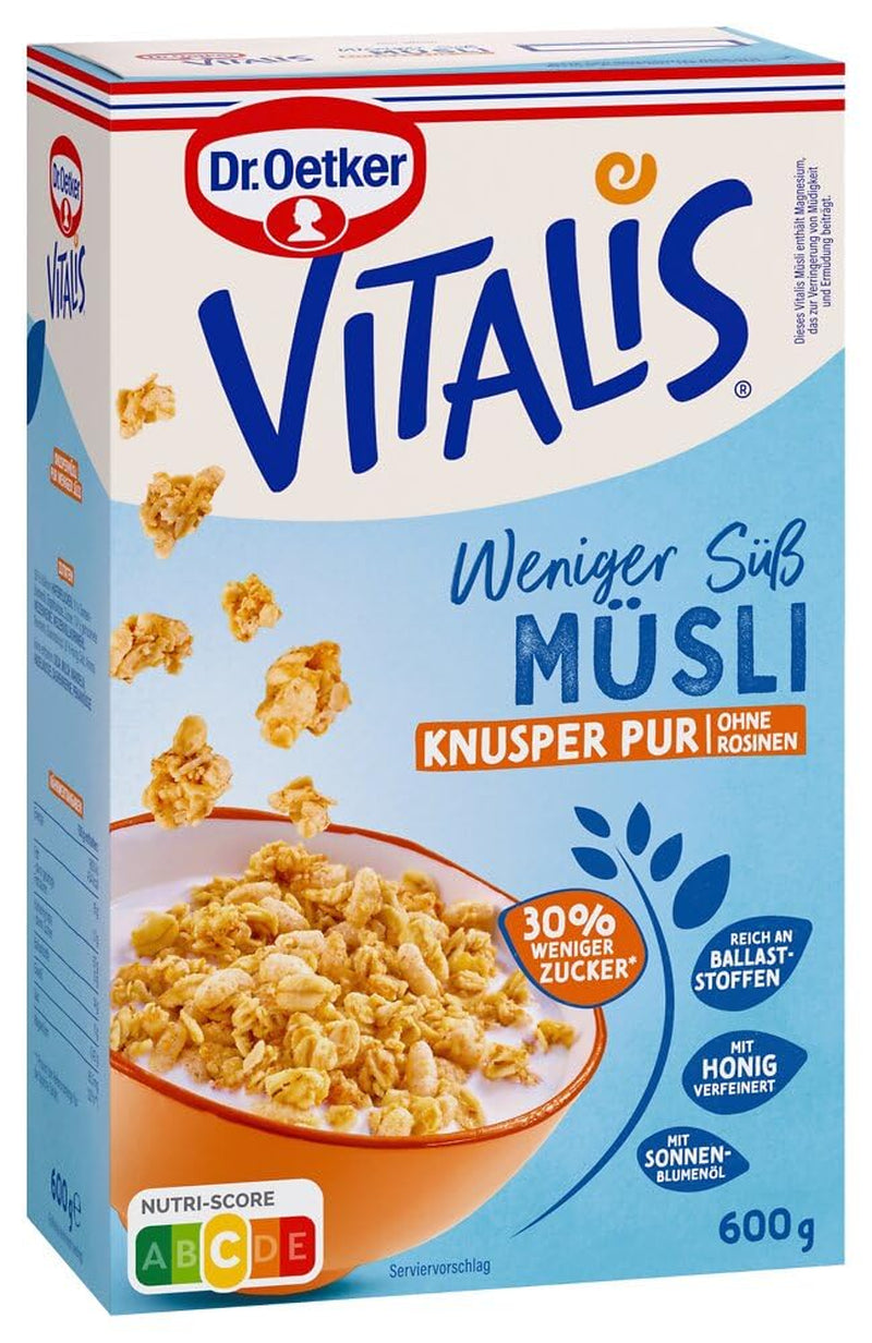 Dr. Oetker Vitalis Less Sweet Crunchy Pure: Křupavé müsli s o 30 % méně cukru, balení 5 ks (5 x 600 g)