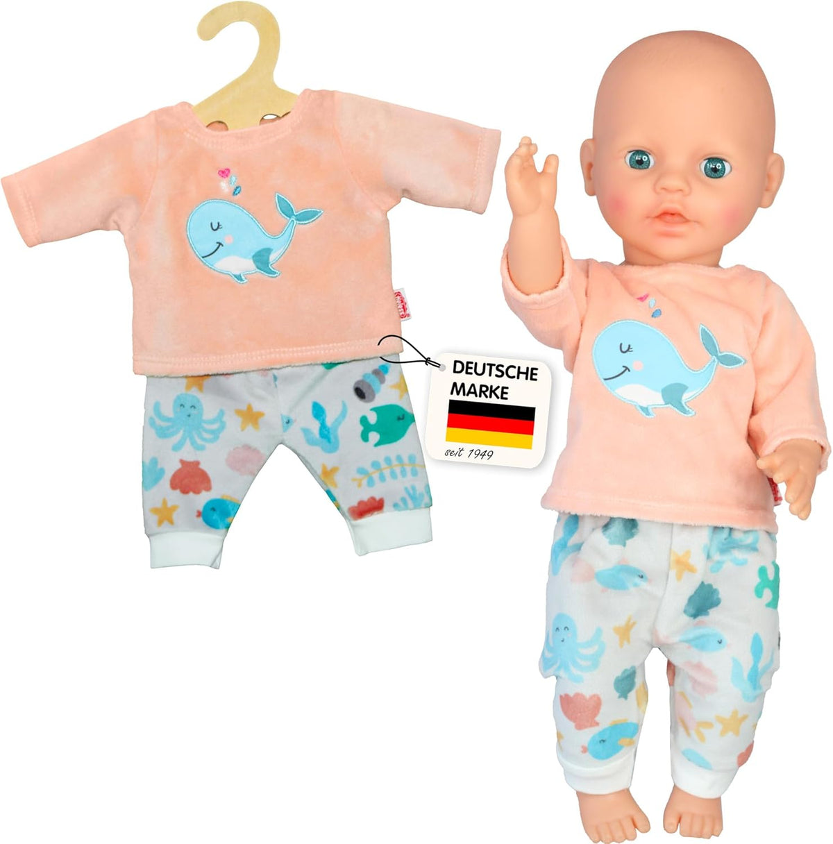 Heless 1285 - Puppenkleidung im Design Wal Bobby, 2 teiliger Pyjama mit Shirt und Stoffhose für Puppen und Kuscheltiere der Größe 28 - 35 cm