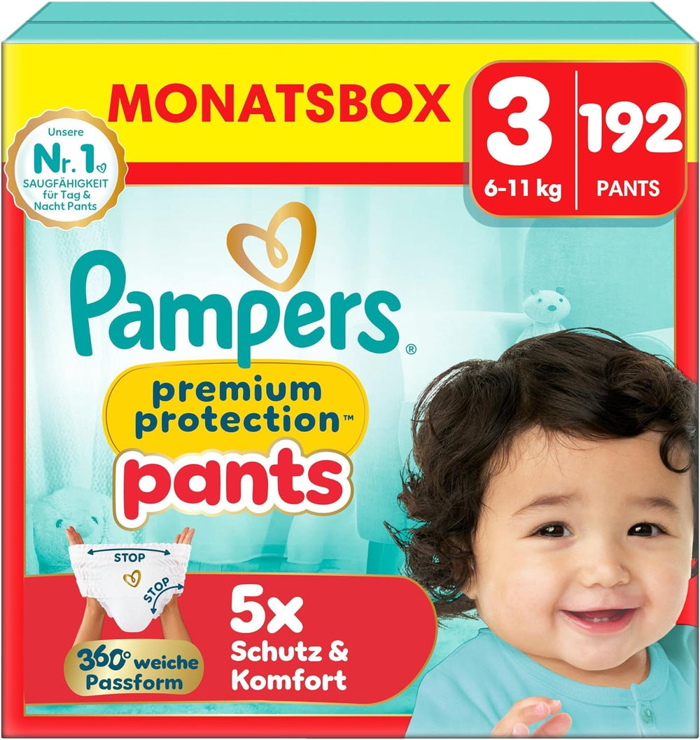 Pampers Premium Protection Pants Velikost 7, 123 Plenky, 15 kg+, s 360° nastavením a měkkými manžetami proti protečení pro optimální pohodlí a ochranu