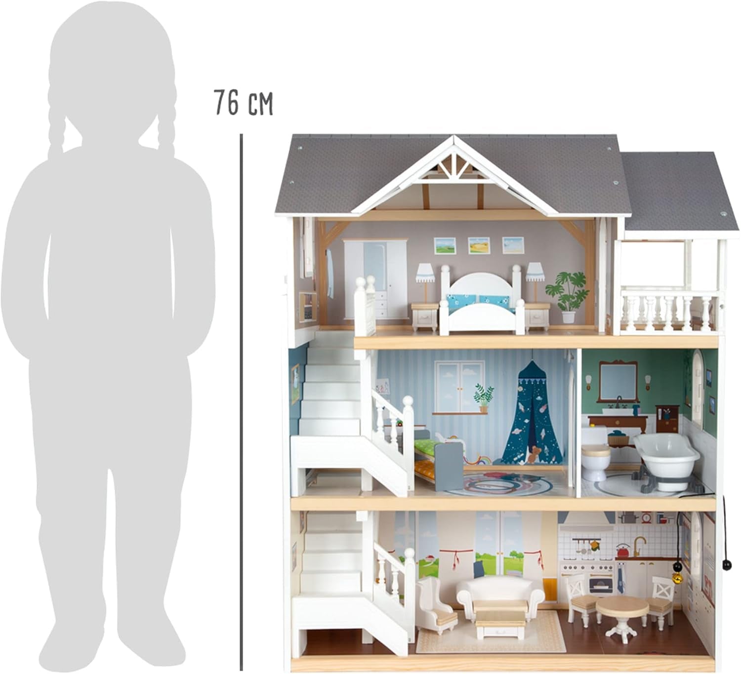 Casă de păpuși Small Foot Vilă de oraș din lemn, cu 3 etaje, față deschisă și 12 mobilier, pentru copii de la 3 ani, 11802, alb gri Casute de papusi Naty Shop