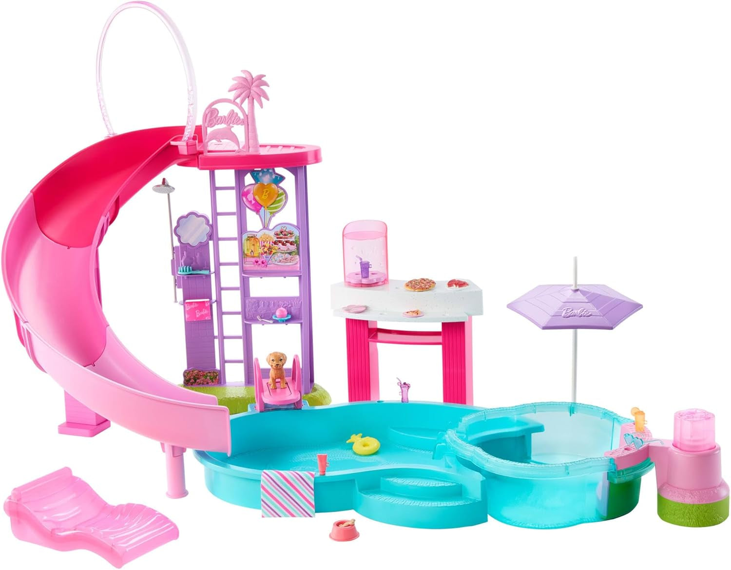 Set de joacă Barbie Dream Pool cu șase zone de joacă, inclusiv un tobogan și un jacuzzi, plus peste 20 de accesorii, cum ar fi un animal de companie, inele de înot și multe altele, JKG83