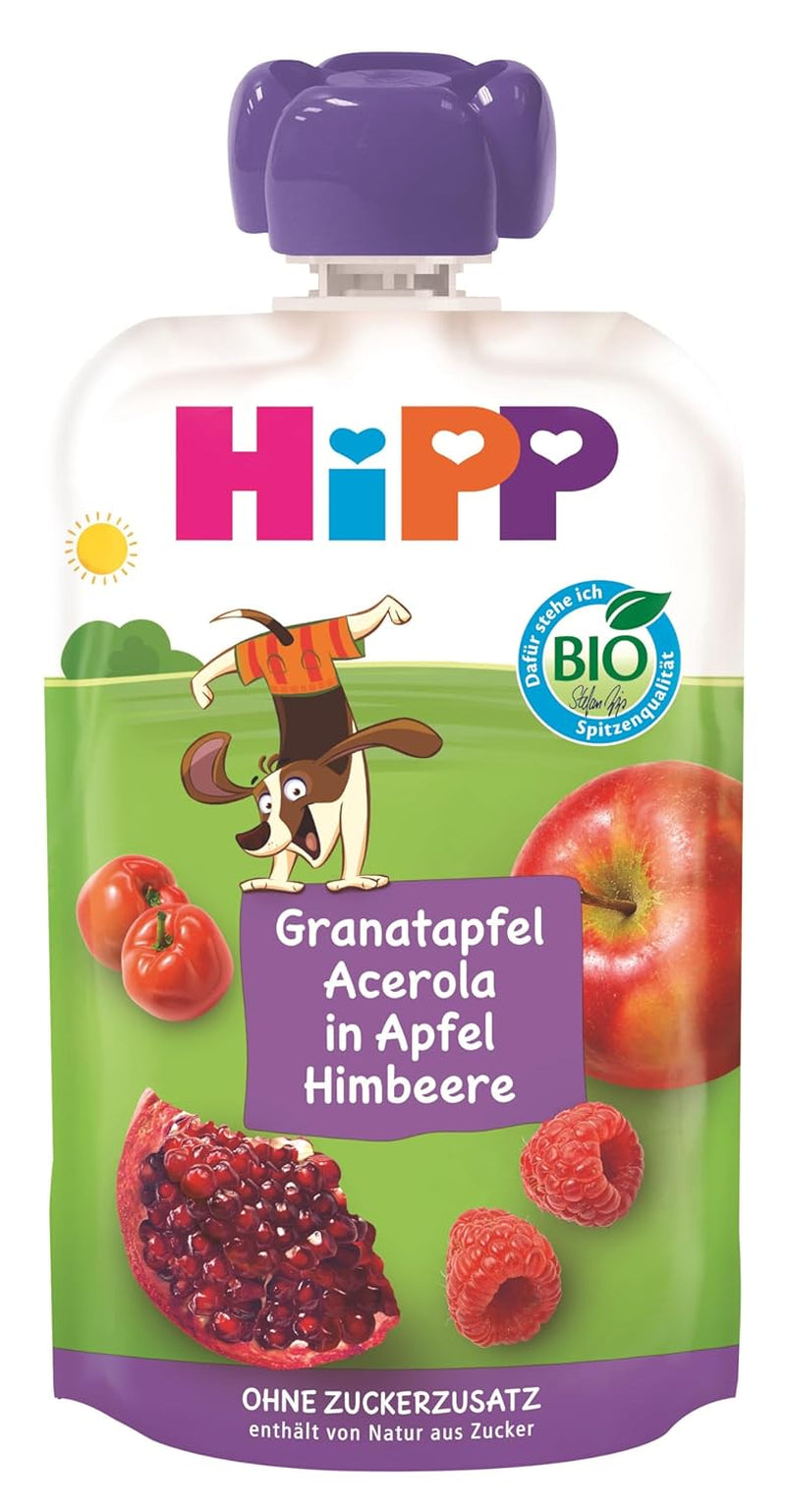 HiPP Organic Fruit Plus sáčky s granátovým jablkem a acerolou ve směsi jablka a maliny - Ben Beagle (8 x 100g), od 1 roku, 100% ovocné pyré, bez přidaného cukru, vegan, nejlepší bio kvalita
