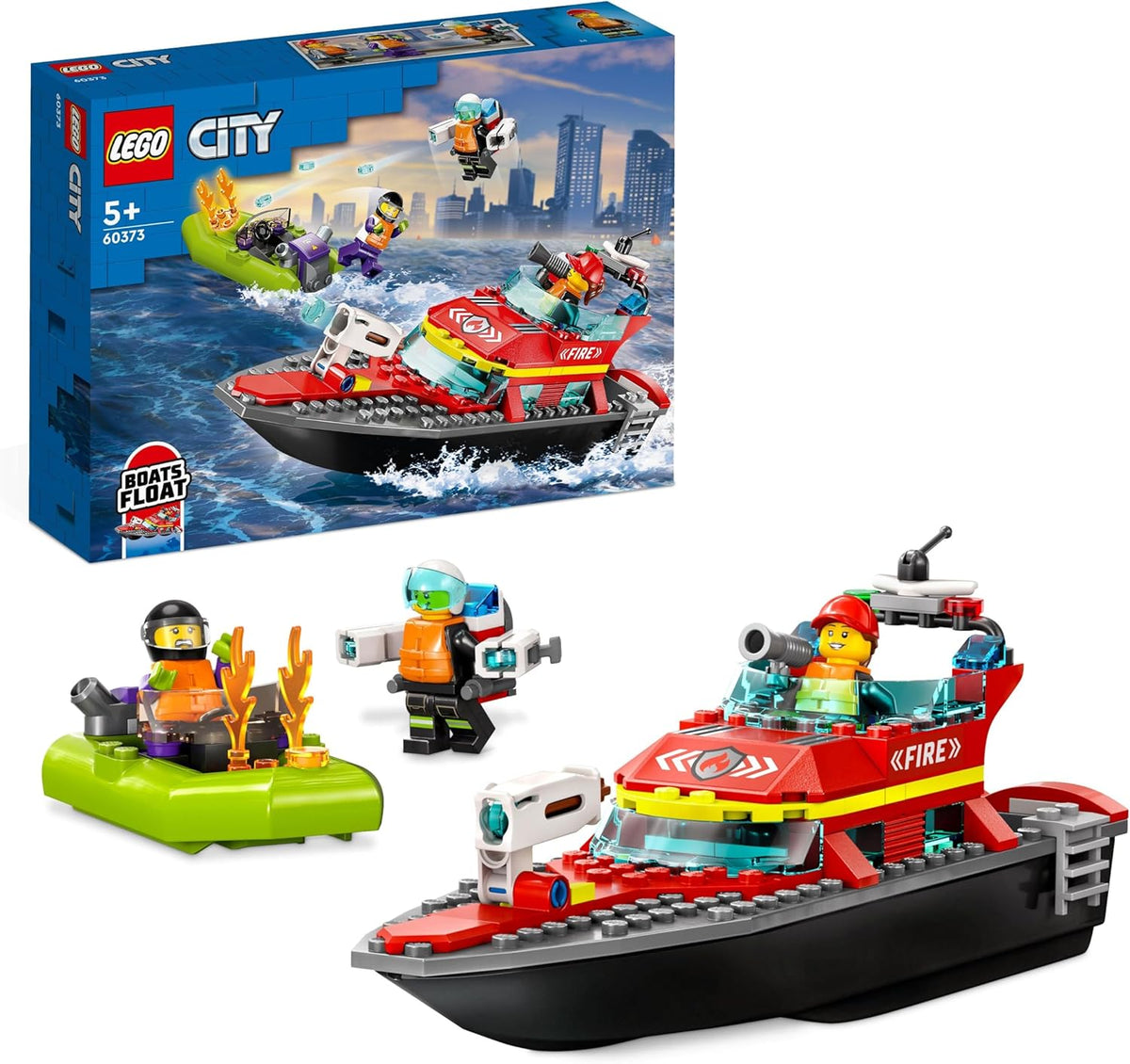 LEGO 60373 City Feuerwehrboot, Spielzeug, das im Wasser wimmt, s Rennboot, 3 minifigurky a Jetpack, Feuerwehr-Boot-Spielzeug Geschenkide für Jungen und Mädchen ab 5 Jahren