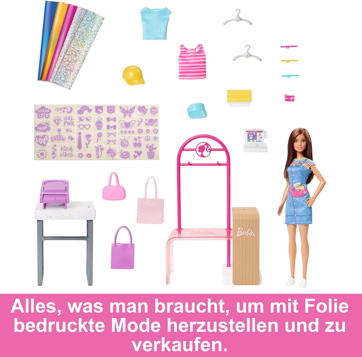 Set de joacă Barbie Fashion Boutique - Păpușă cu modele din folie, peste 150 de look-uri originale, include 2 bluze și 5 foi din folie, suport pentru haine și cititor de carduri de credit, vârste 3+, HKT78