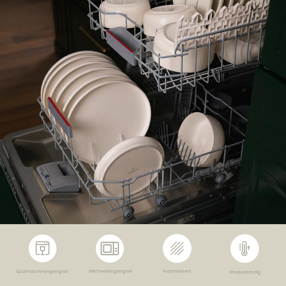 Set de veselă din gresie porțelanată pentru 6 persoane, 18 piese — mai solid și mai rezistent la zgârieturi decât farfuriile și bolurile din faianță, bej lucios | Set de veselă include 6 farfurii de cină, 6 farfurii de desert și 6 boluri -