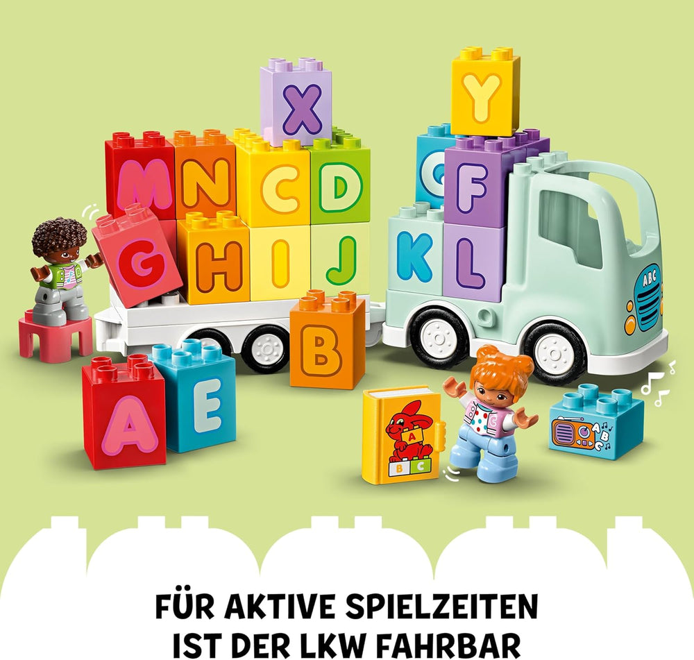 LEGO DUPLO Town ABC Truck, Lernspielzeug für Kleinkinder ab 2 Jahren, ABC-LKW-Spielzeug mit Anhänger und Buchstaben-Steinen, plus Figuren eines Jungen und eines Mädchen, Geschenk für Kinder 10421