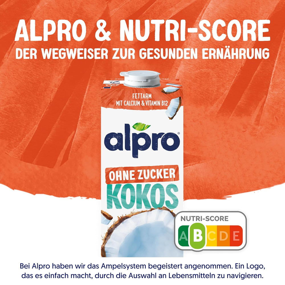 Alpro Kokosnussdrink ohne Zucker – Ohne Süßstoffe – Vegan und Milchfrei – Von Natur aus laktosefrei a fettarm – Bohaté na vápník a vitamíny – 8 x 1 l