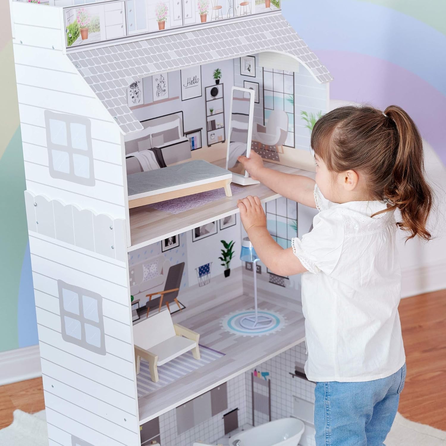 Teamson Kids Casa de păpuși gigantică Olivia's Little World cu mobilier și accesorii, casă de păpuși din lemn, joc cu 3 etaje pentru păpuși de 30 cm, vârste 3+