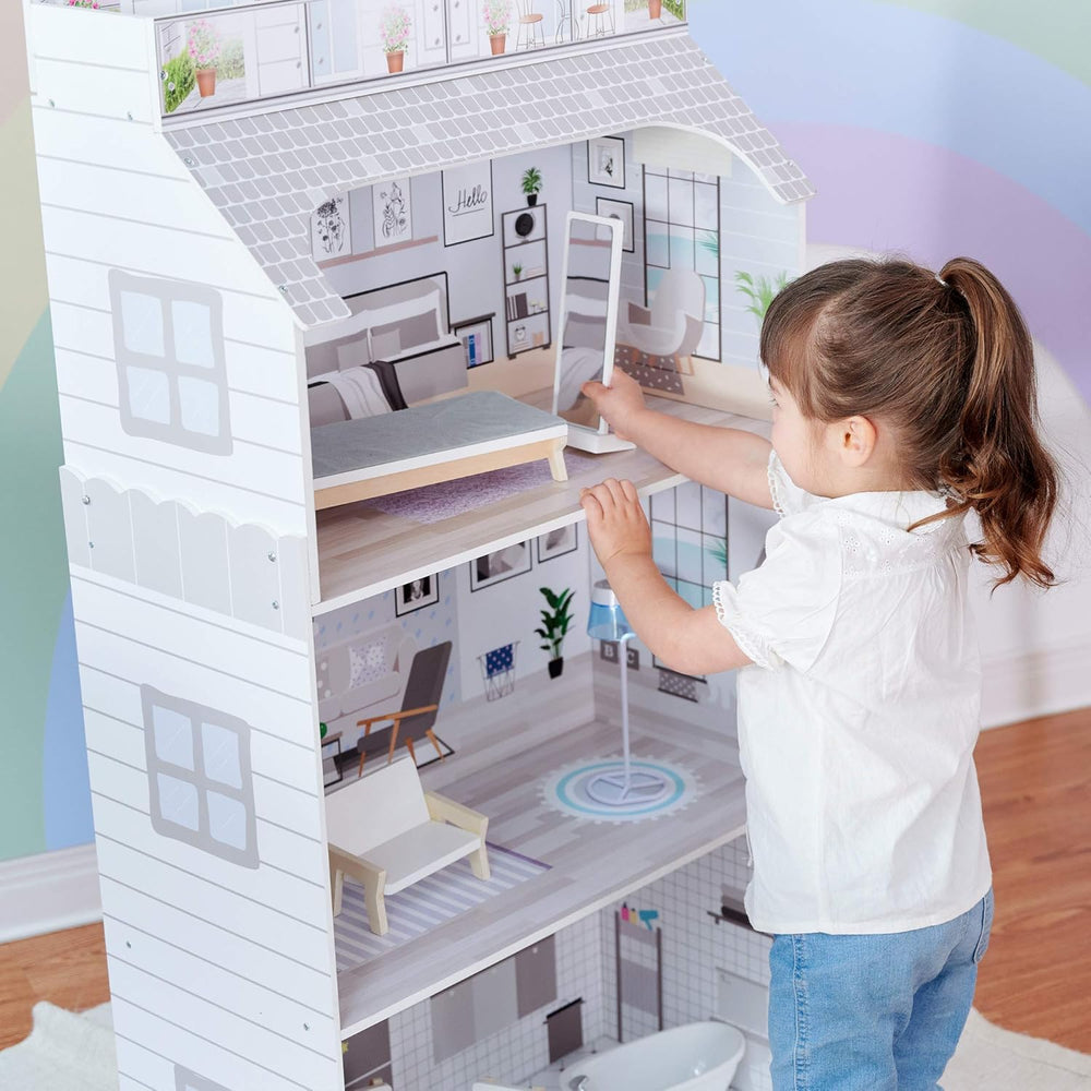 Teamson Kids Casa de păpuși gigantică Olivia's Little World cu mobilier și accesorii, casă de păpuși din lemn, joc cu 3 etaje pentru păpuși de 30 cm, vârste 3+