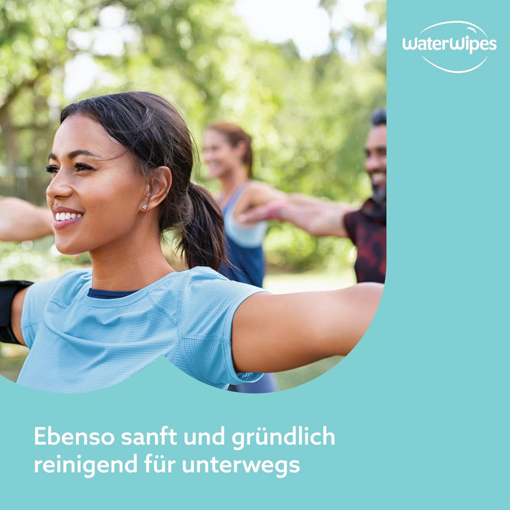 Șervețele umede WaterWipes Sensitive+ On The Go, 100 de șervețele (10 pachete), 3 în 1 curăță, îngrijește, protejează, 99,9% apă, șervețele fără parfum