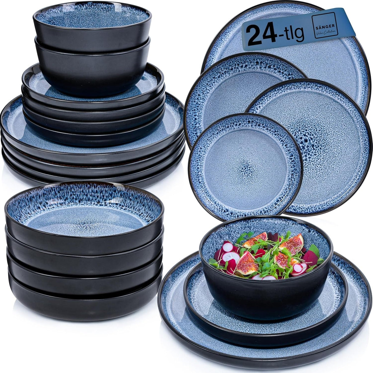 SÄNGER Aruba | Set de veselă din gresie pentru 6 persoane, 6 farfurii de cină, 6 farfurii de mic dejun, 6 farfurii de sumă, 6 boluri pentru paste, albastru cu margine neagră | COLECȚIA VALUE