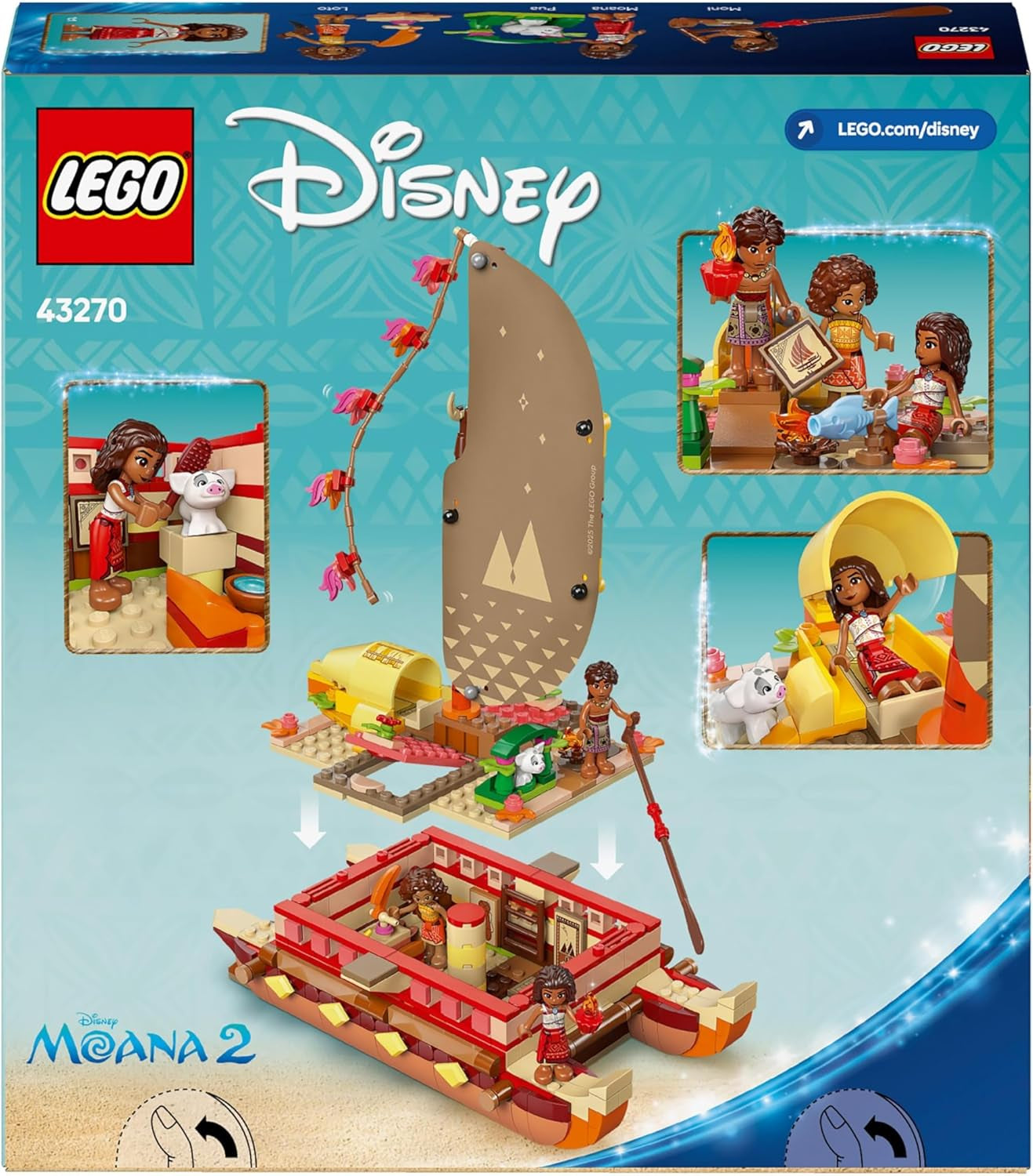 LEGO Ç€ Disney Moana 2: Moanin dobrodružný vor - Hrací člun s plachtami, odnímatelnou palubou, táborákem a 3 mini-panenkami včetně Lota a Moni - Dárek pro dívky od 6 let a fanoušky - 43270 Stavebnice Beuche den LEGO-Store