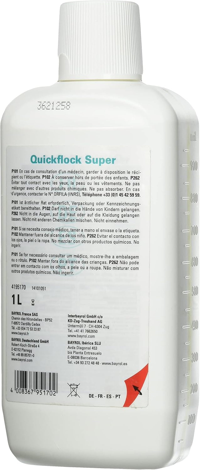BAYROL Quickflock Super 1 L - Tekutý flokulant pro bazénové pískové filtry - Velmi rychlý čistící efekt pro zakalenou vodu v bazénu - Čistička bazénové vody - Čistič bazénového čističe
