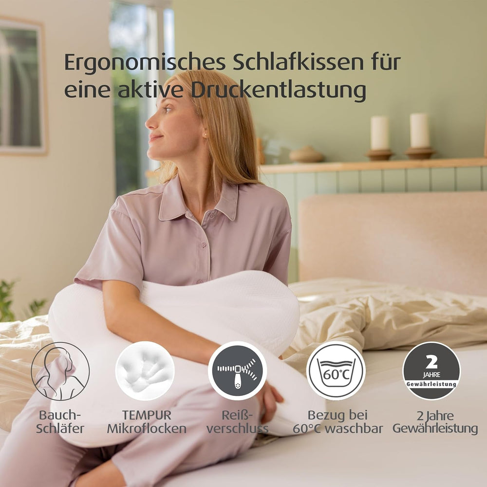 Pernă de dormit TEMPUR Ombracio, pernă ergonomică pentru dormit pe burtă în formă de fluture, fermitate medie, 60 x 50 x 10 cm, Alb