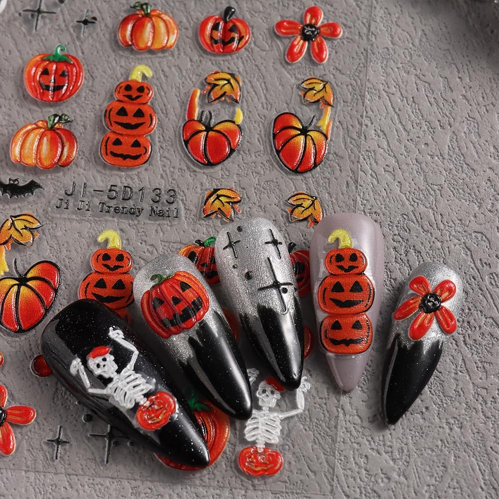 JMEOWIO 3D Nagelsticker Halloween Nail Art Sticker Selbstklebend Nagelaufkleber 5D Stereoskopisch Süßer Geisterkürbis Dekoration Nageldesign Zubehör 4 Blatt