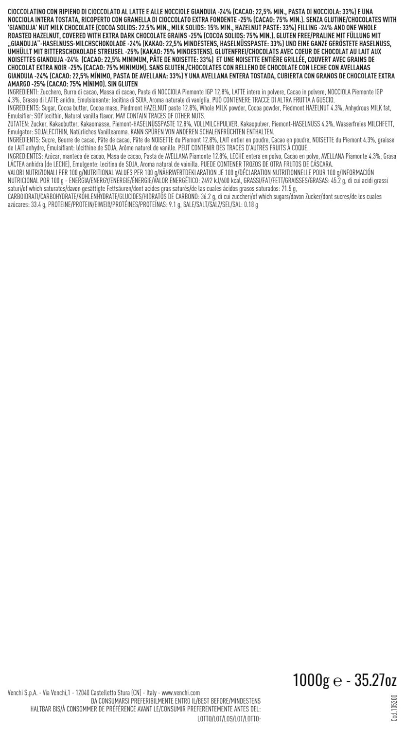 Venchi – Chocoviar Gianduia, pralinky v 1 kg sáčku, čokoláda Gianduia vyráběná výhradně z "lesních lískových oříšků Piemontu", bez lepku, bez umělých barviv a bez konzervantů