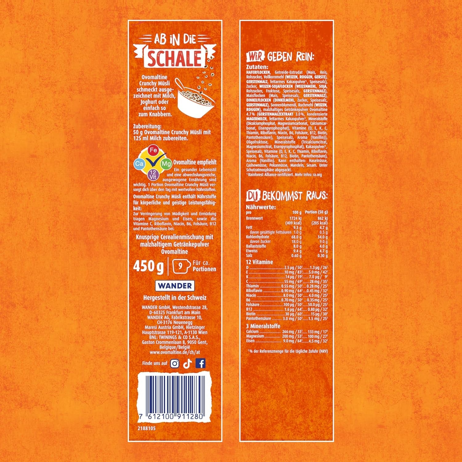 Ovomaltine Crunchy Müsli - křupavé müsli s čokoládou, s unikátní směsí cereálií a Ovomaltine - müsli s čokoládou, cennými vitamíny, vlákninou a minerály (1 x 450g)