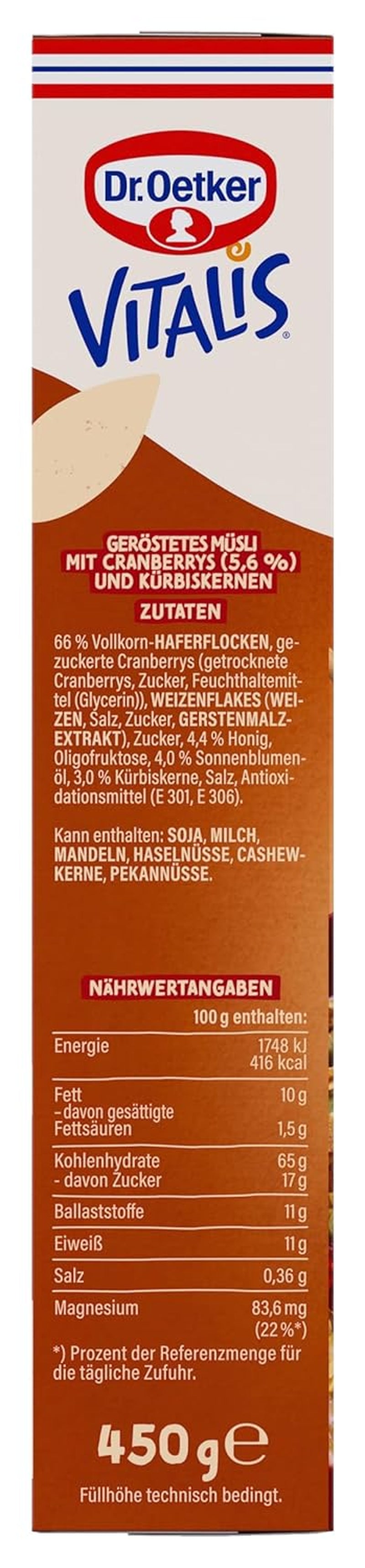 Oetker Vitalis Opékané müsli s brusinkami a dýňovými semínky: Opékané müsli se sušenými brusinkami, balení 8 ks (8 x 501 g)