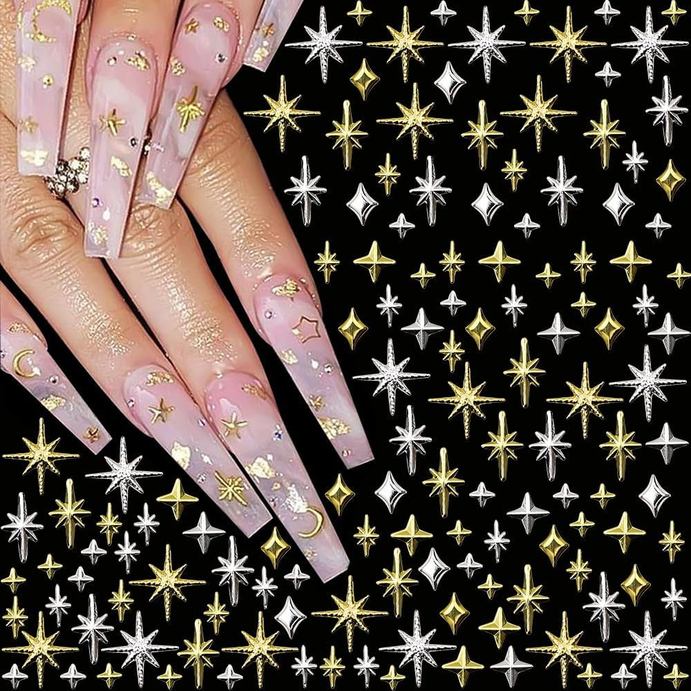 120 bucăți auriu-argintiu stele unghii farmece stele Y2K unghii metal stele unghii farmece dimensiuni mixte unghii șuruburi stea unghii design unghii artă farmece stele 3D unghii decorare unghii farmece accesorii unghii