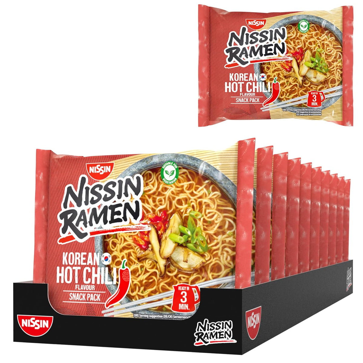 Nissin Ramen - Korejské pikantní chilli 10 balení instantních nudlí v asijském stylu podle korejského receptu Rychlá a snadná příprava asijské kuchyně (10 x 65,2 g)