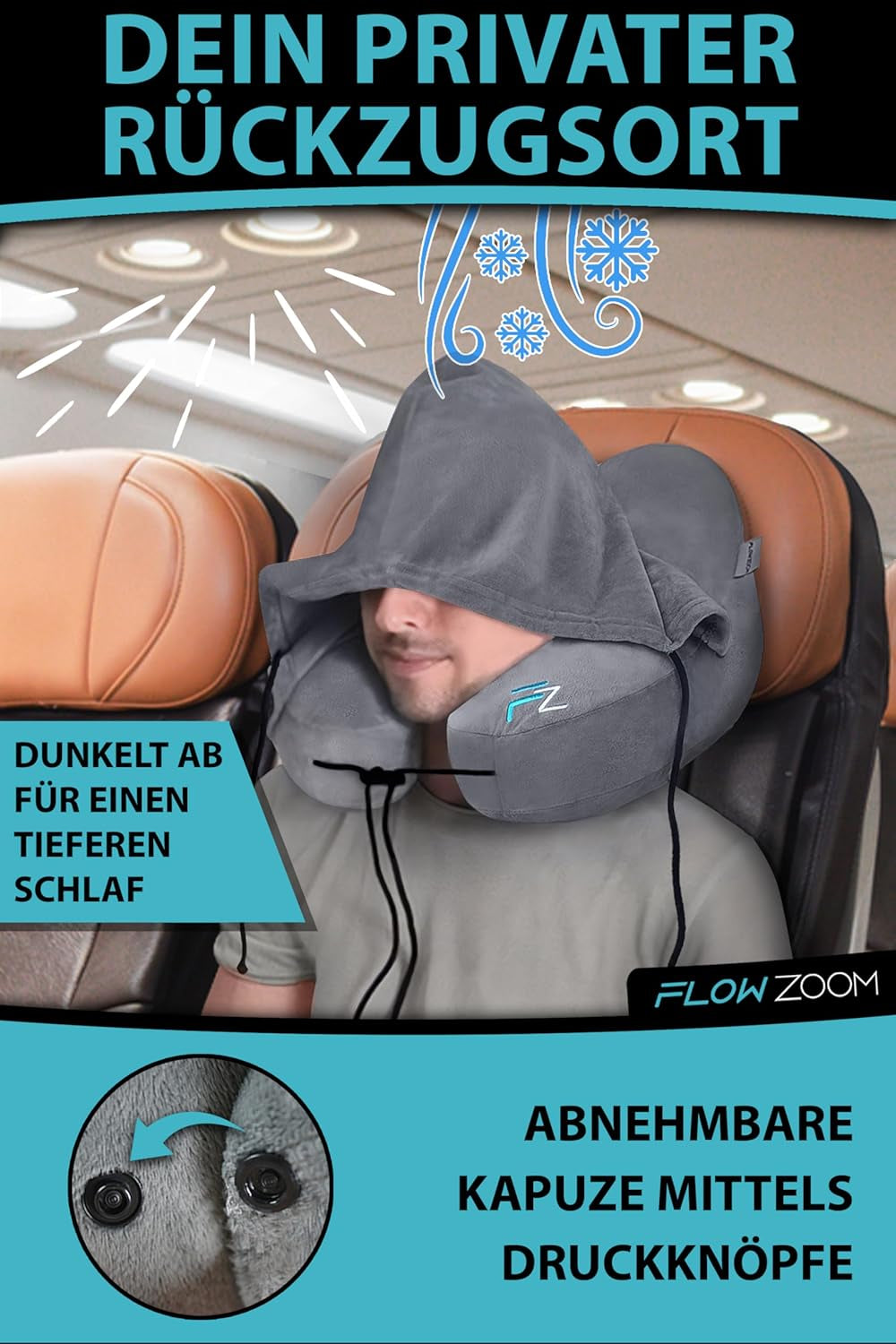 Perna de gât FLOWZOOM AIR gonflabilă cu glugă - pernă de gât pentru avion - pernă de călătorie - pernă de gât gonflabilă rapid pentru călătorie - pernă de avion - pernă de călătorie - pernă de gât pentru adulți (gri) Perne ortopedice cervicale Naty Shop