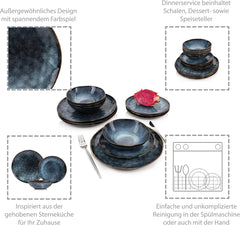 SÄNGER | Set de veselă Tokyo cu 12 piese, set de veselă din gresie pentru 4 persoane, inclusiv farfurii de cină, farfurii de desert și boluri, albastru închis cu accente negre | COLECȚIA PREMIUM