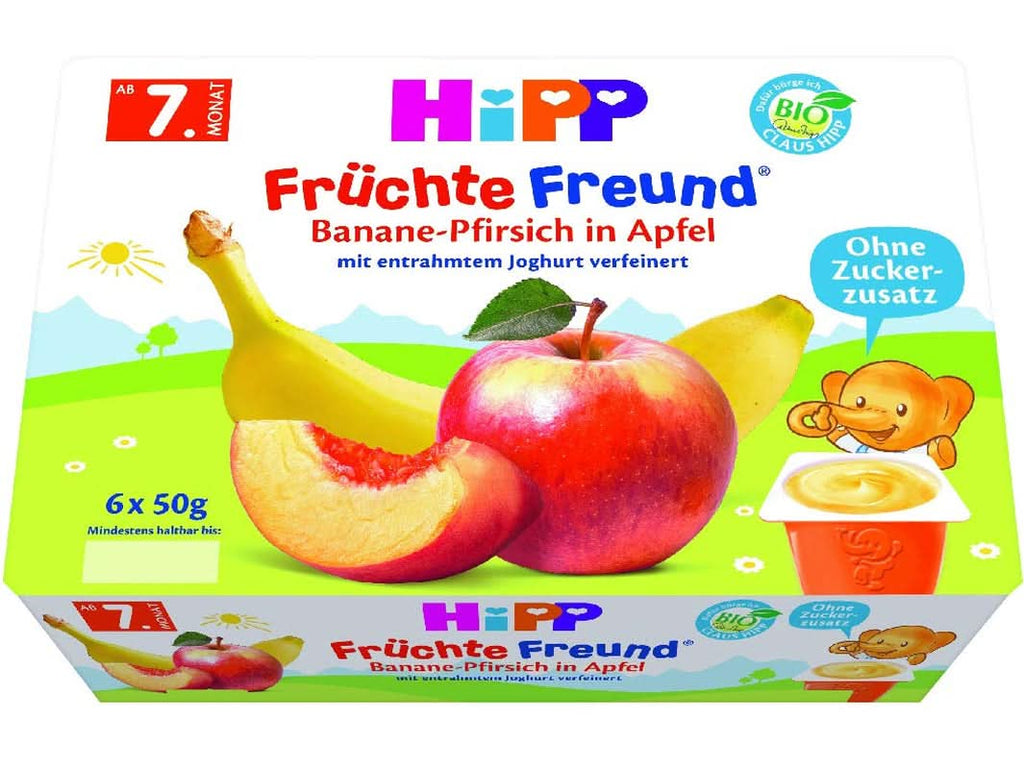 Hipp Fructe organice, Banane în piure de mere, pachet de 6 (6 x 400 g) Mama si Copilul Naty Shop 4 x 6 x 50 grame Banane, piersici, mere