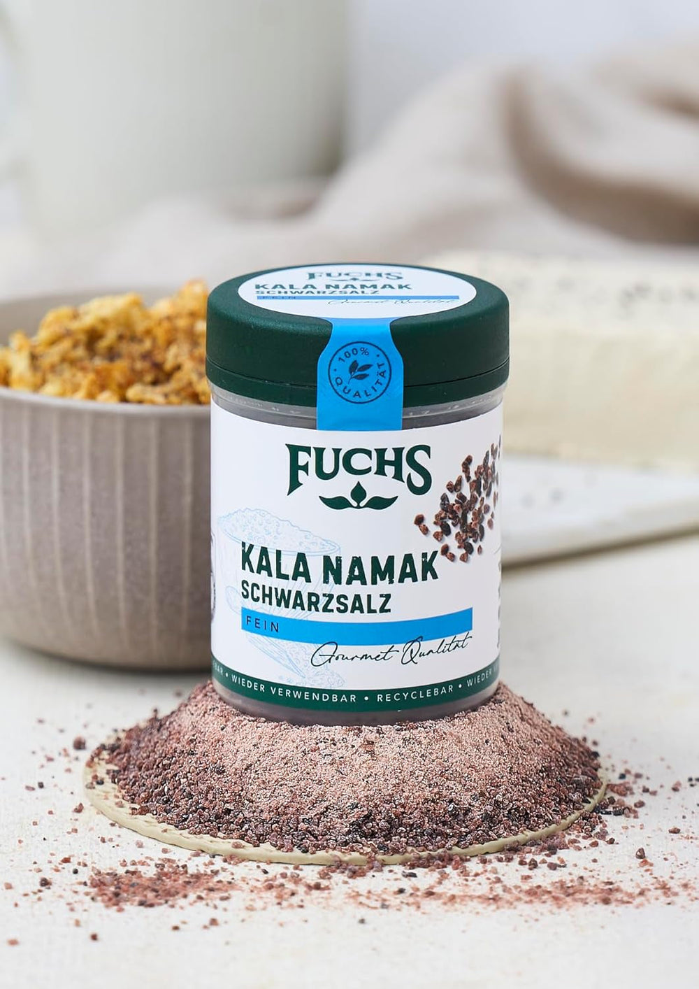 Fuchs Gewürze - Kala Namak - Schwarzsalz - Gewürzsalz für veganes Rührei - natürliche Zutaten - 100 g in wiederverwendbarer, recyclebarer Dose
