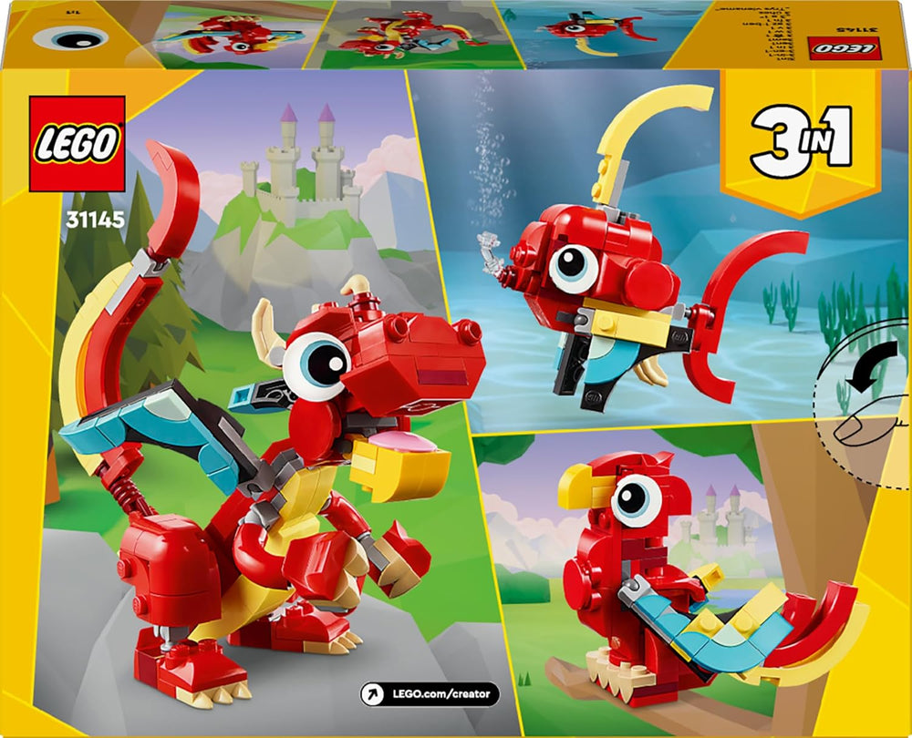 LEGO Creator 3v1 Hračka červeného draka pro rybí figurku k modelu ptáka Fénixe, sada zvířecích figurek, dárky pro chlapce, dívky a děti od 6 let 31145