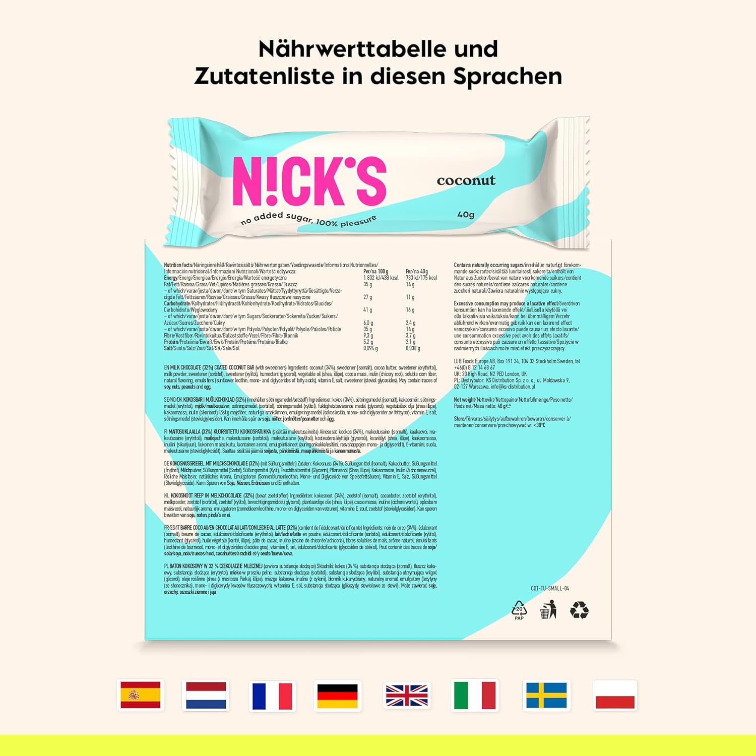 NICKS Keto kokosové tyčinky, čokoládové kokosové svačiny, 175 kalorií, 2 čisté sacharidy, bez přidaného cukru, bezlepkové, nízkosacharidové sladkosti (15 x 40 g)