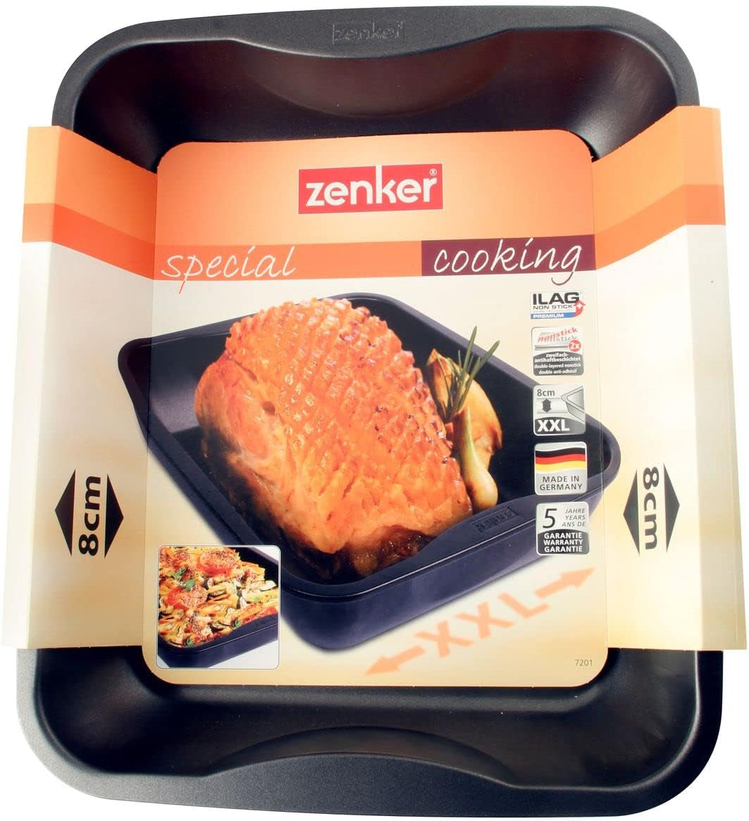 Zenker Xxl-Brat- Und Auslaufform (40 X 8 X 34 Cm) SPECIÁLNÍ VAŘENÍ, Rechteckige Ofenform Mit Antihaftbebeschichtung, Backblech Für Krosse Braten & Saftige Aufläufe (Farbe: Schwarz), Menge: 1 Stück Na pečení formy a plechy