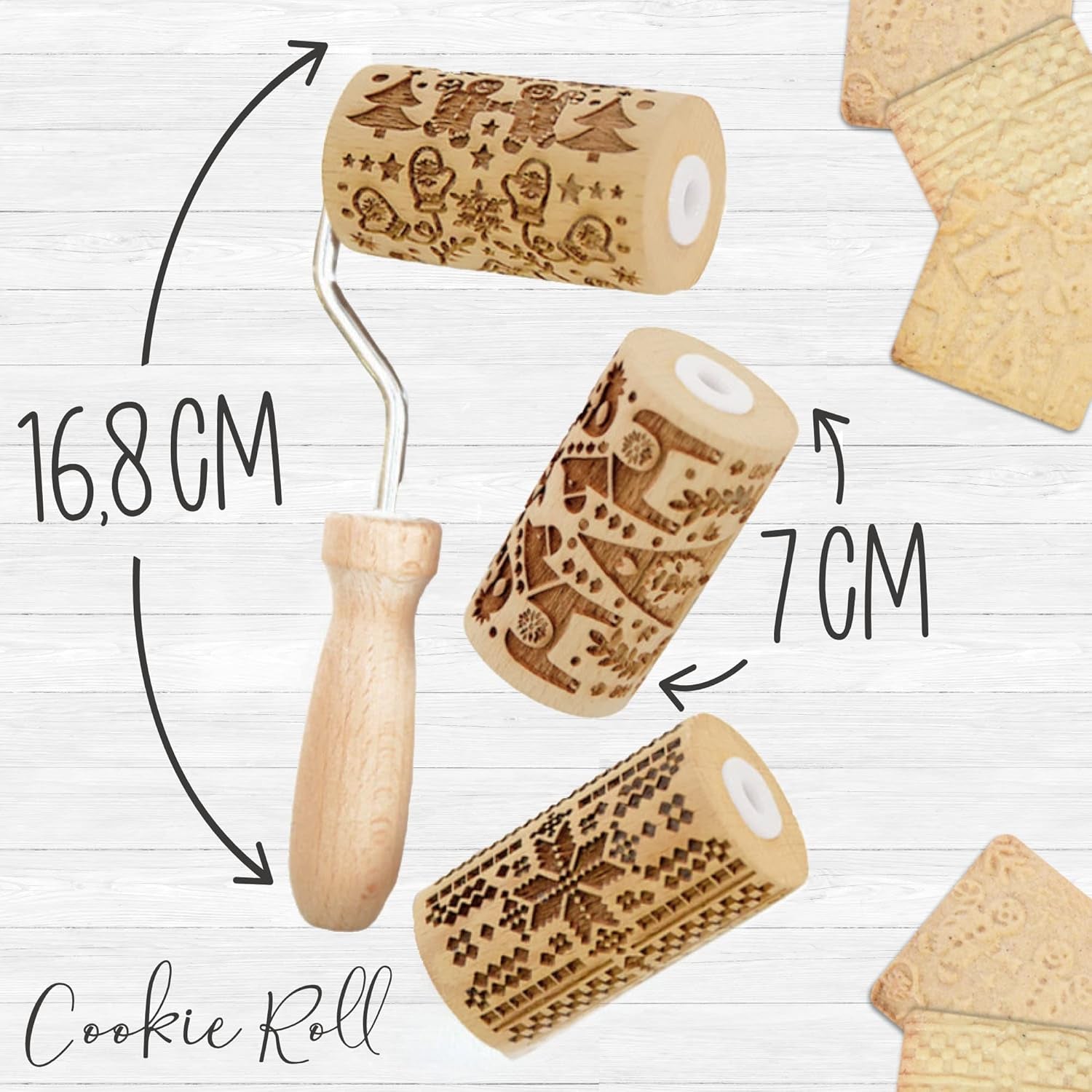 ScrapCooking 3798 Sada vánočního cukroví – 3 Mini-Gebäckrollen aus Holz mit Motiven – Dekos mit Prägung – Form für Kekse, Sandgestrahlt, Kekse