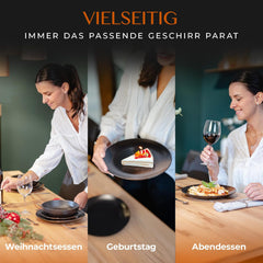 Set de veselă din gresie, format din 12 piese – Prairie Line – design elegant în tonuri de maro/negru, set format din 4 farfurii de cină, 4 farfurii de desert și 4 farfurii de sumă/Colecția Premium