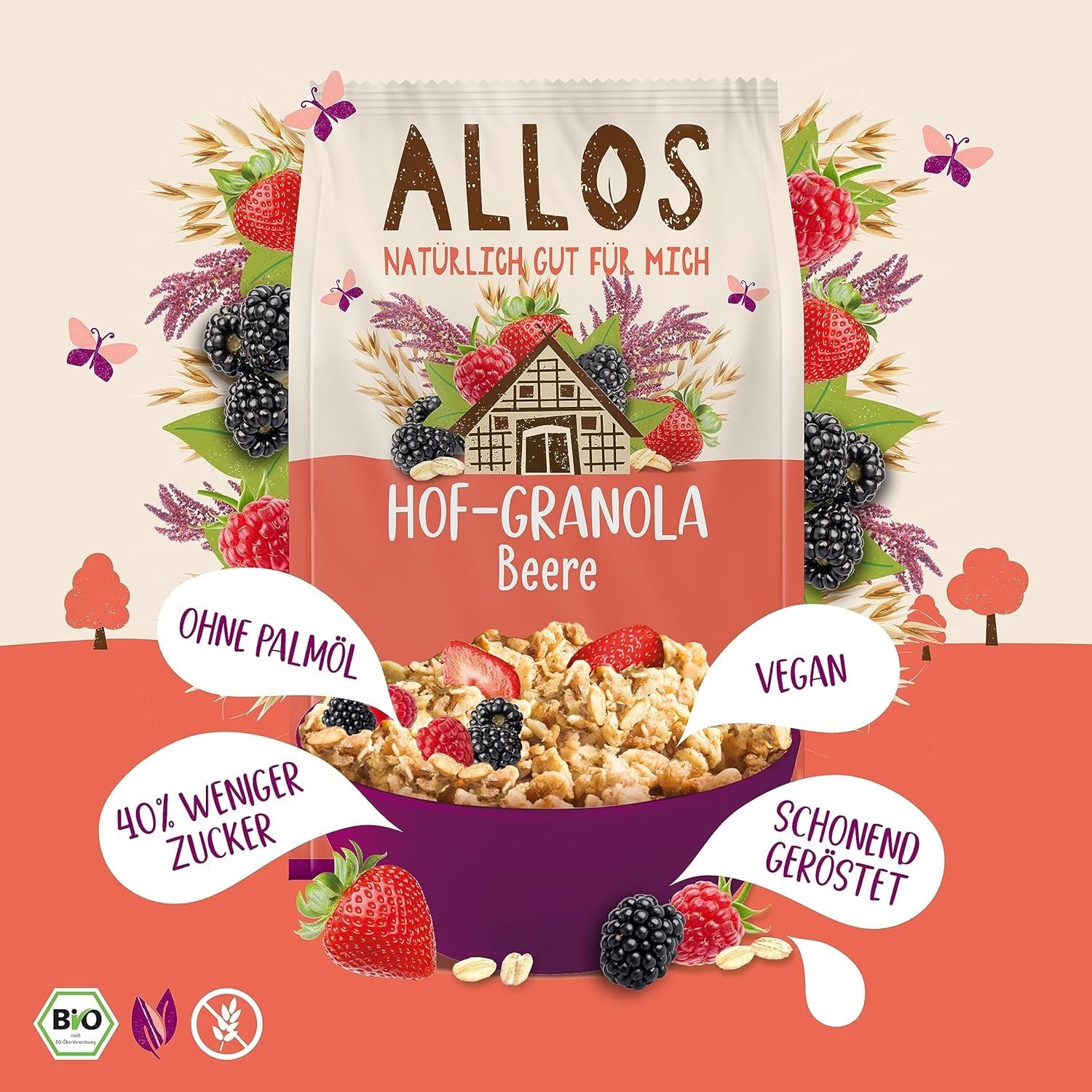 Allos Hof Granola s ovocem | Bio müsli | Müsli s ovocem | Křupavé müsli | Cereálie k snídani | Balení po 6 (6 x 300 g), 1 kus (balení po 6)