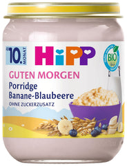 Terci de ovăz organic HiPP Good Morning cu banane și afine (6 x 160g), de la 10 luni, fără zahăr adăugat, bun la gust cald și rece, de cea mai bună calitate organică