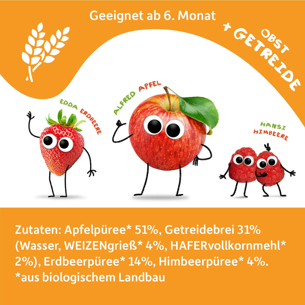 FRECHE FREUNDE Bio Quetschie Jablko, Erdbeere, Himbeere mit Grieß, Fruchtmus mit Getreide in Quetschbeutel für Baby from 6. Month, vegan, 6er Pack (6 x 100g)