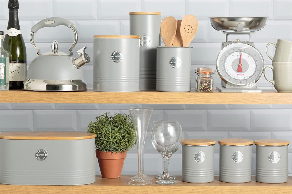 LIVING collection, borcan pentru biscuiți cu capac | gri pastel | cutie de depozitare de 3,4 L pentru biscuiți | borcan pentru biscuiți din oțel cu capac | borcane de depozitare etanșe din bambus cu capac Cutii depozitare alimente Naty Shop