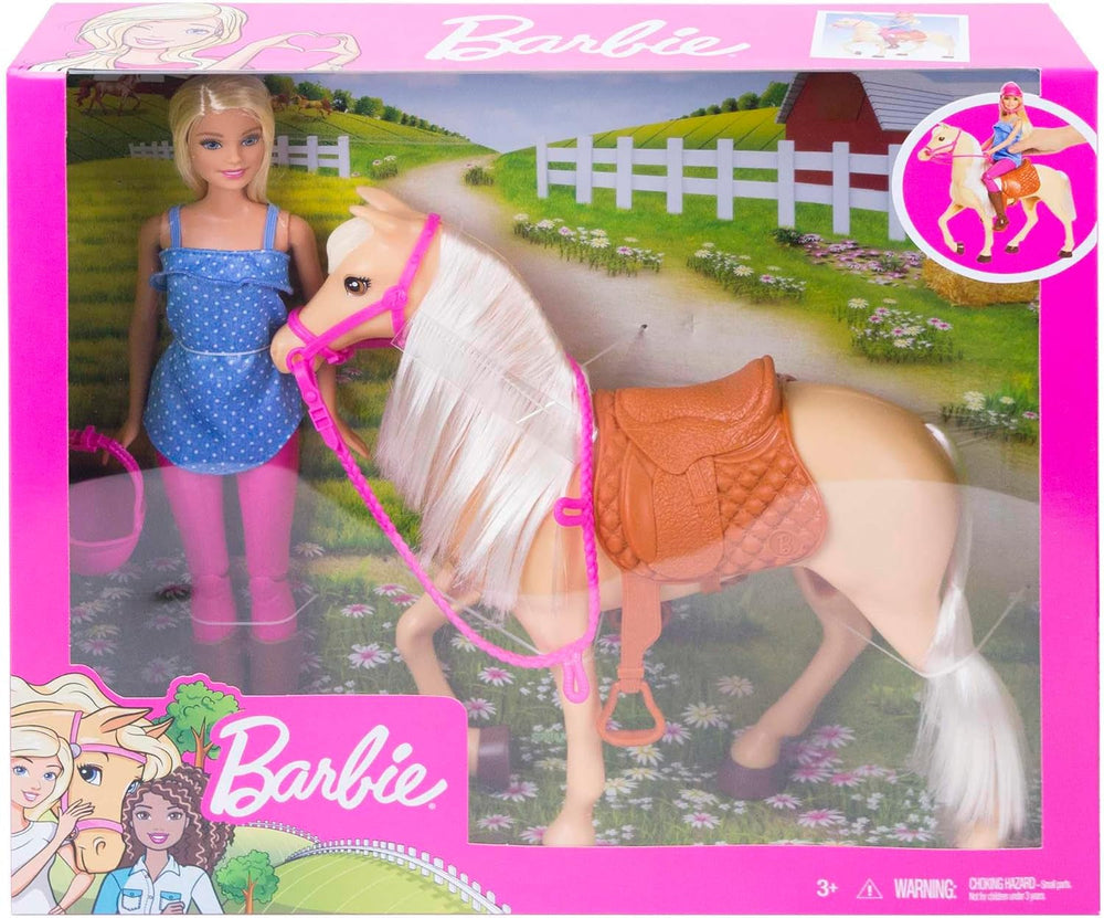 Păpușă Barbie și cal de jucărie, accesoriu de călărie Barbie, 1 păpușă Barbie și 1 cal incluse, potrivite ca un cadou pentru copii de la 3 ani în sus, FXH13 Papusi Naty Shop