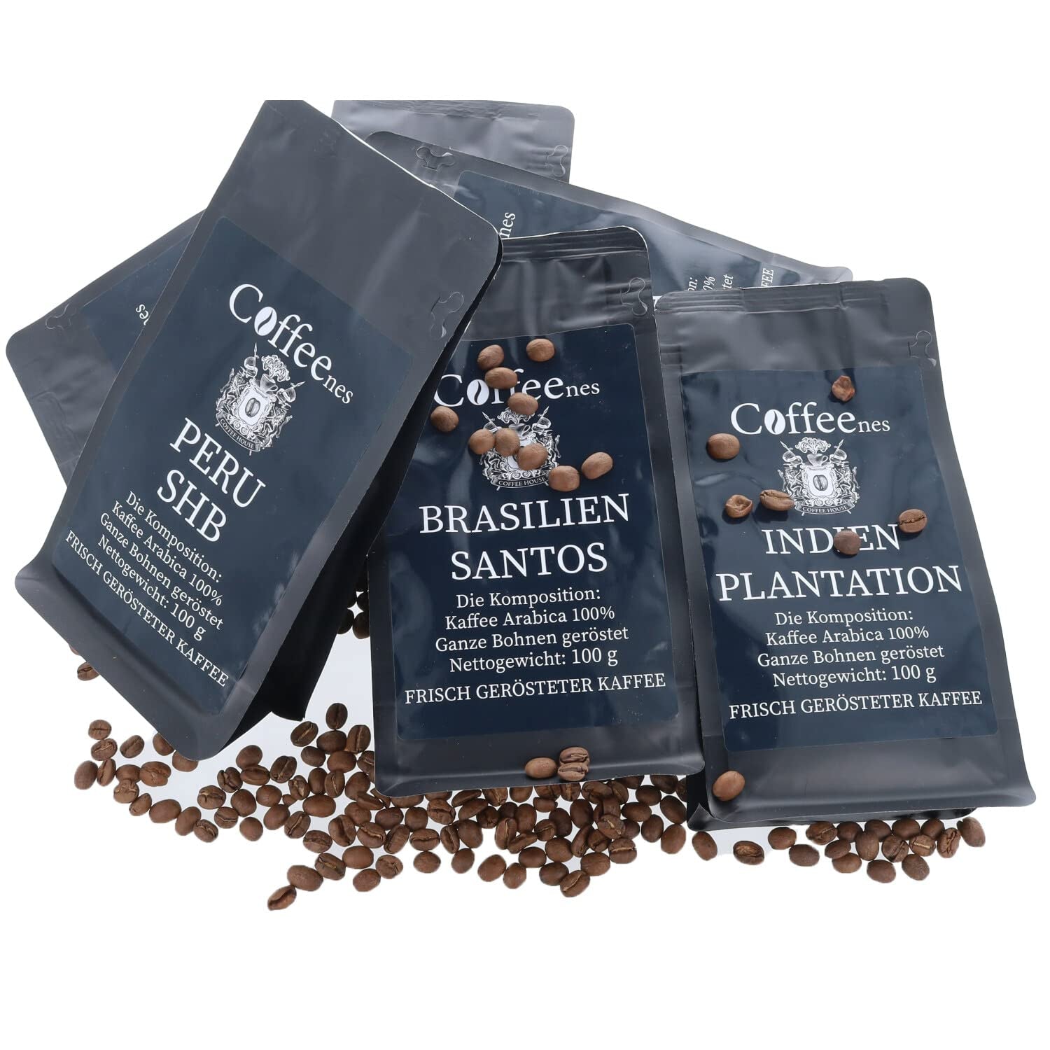 Coffeenes Kaffeebohnen Probierset – Kaffee Geschenk - 6 Sorten ganze Bohnen Arabica aus Brasilien, Peru, Kolumbien, Tansania, Indien, Uganda – 6 x 100g
