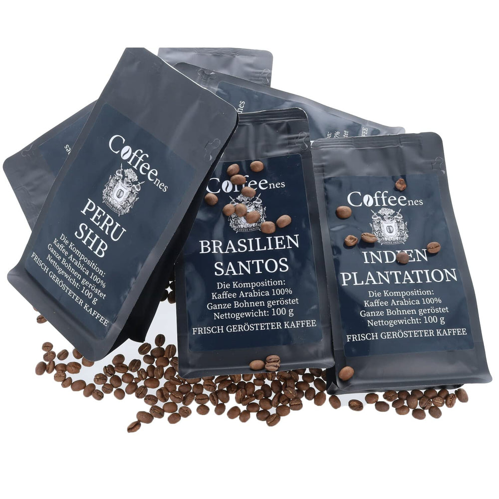 Coffeenes Kaffeebohnen Probierset – Kaffee Geschenk - 6 Sorten ganze Bohnen Arabica aus Brasilien, Peru, Kolumbien, Tansania, Indien, Uganda – 6 x 100g