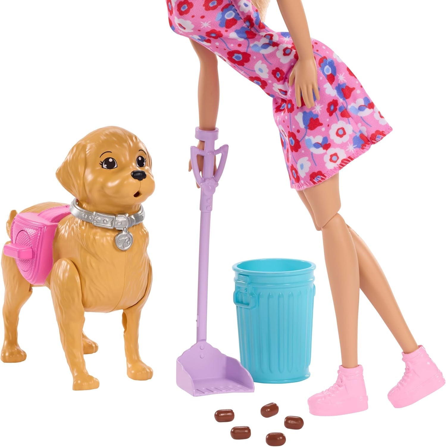 Barbie Hundespaziergang Spielset, enhtät einen Spielzeughund der gehen und Häufchen Machen kann, eine Barbie Malibu-Puppe sowie EIN Kehrset und Hundezubehör, JJB46