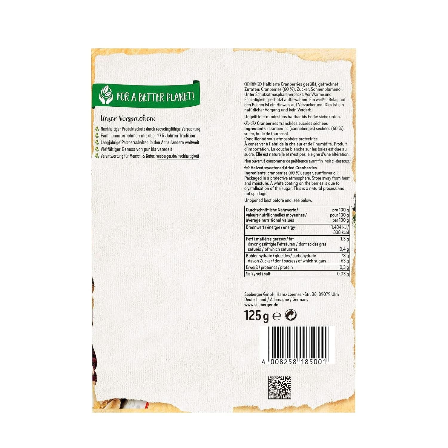 Seeberger Cranberries, půlené kanadské brusinky, ovocné a sladké, 13 x 125 gramů Naty Shop Dehydrated Products