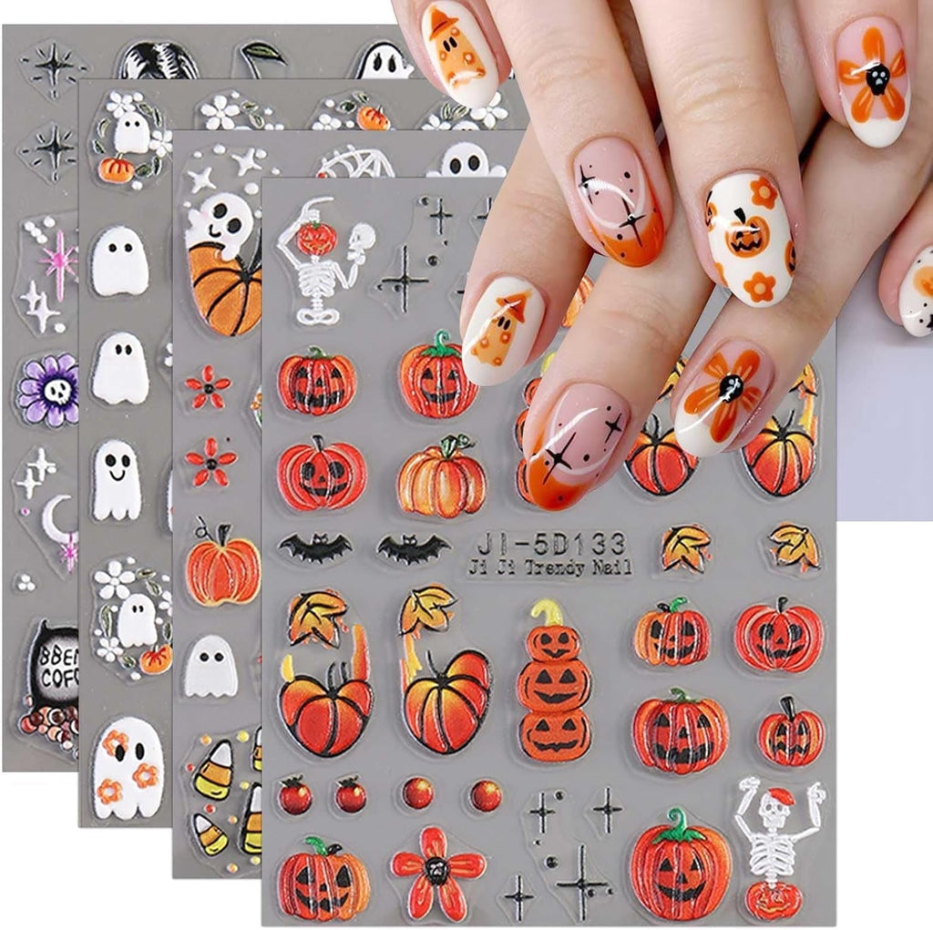 JMEOWIO 3D Nagelsticker Halloween Nail Art Sticker Selbstklebend Nagelaufkleber 5D Stereoskopisch Süßer Geisterkürbis Dekoration Nageldesign Zubehör 4 Blatt