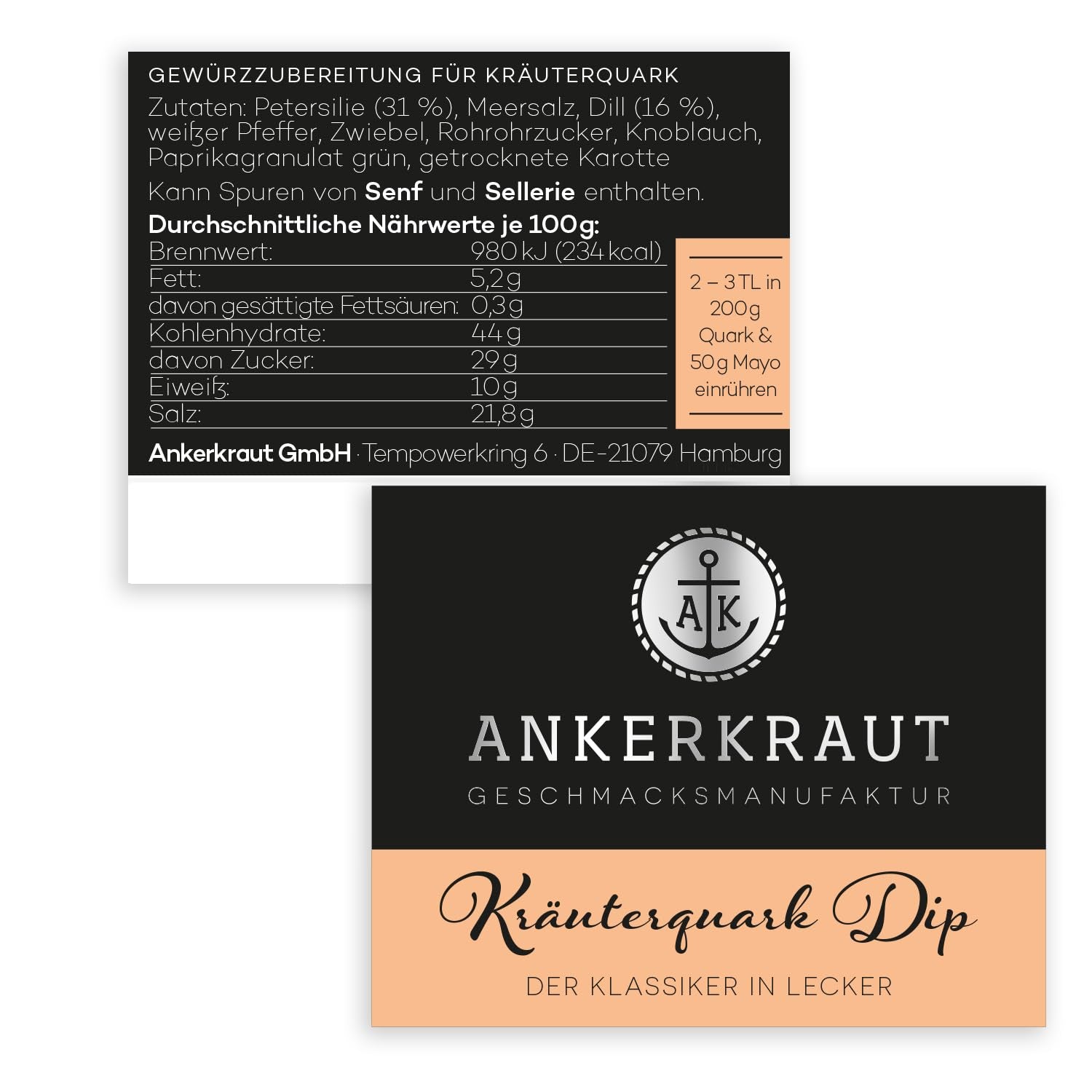 Ankerkraut Kräuterquark Dip, Gewürzmischung für Quark, Ohne Geschmackverstärker, Premium Qualität, Alternative Joghurt und Soja-Quark, Aufstrich selber machen, 55 g v korkovém skle