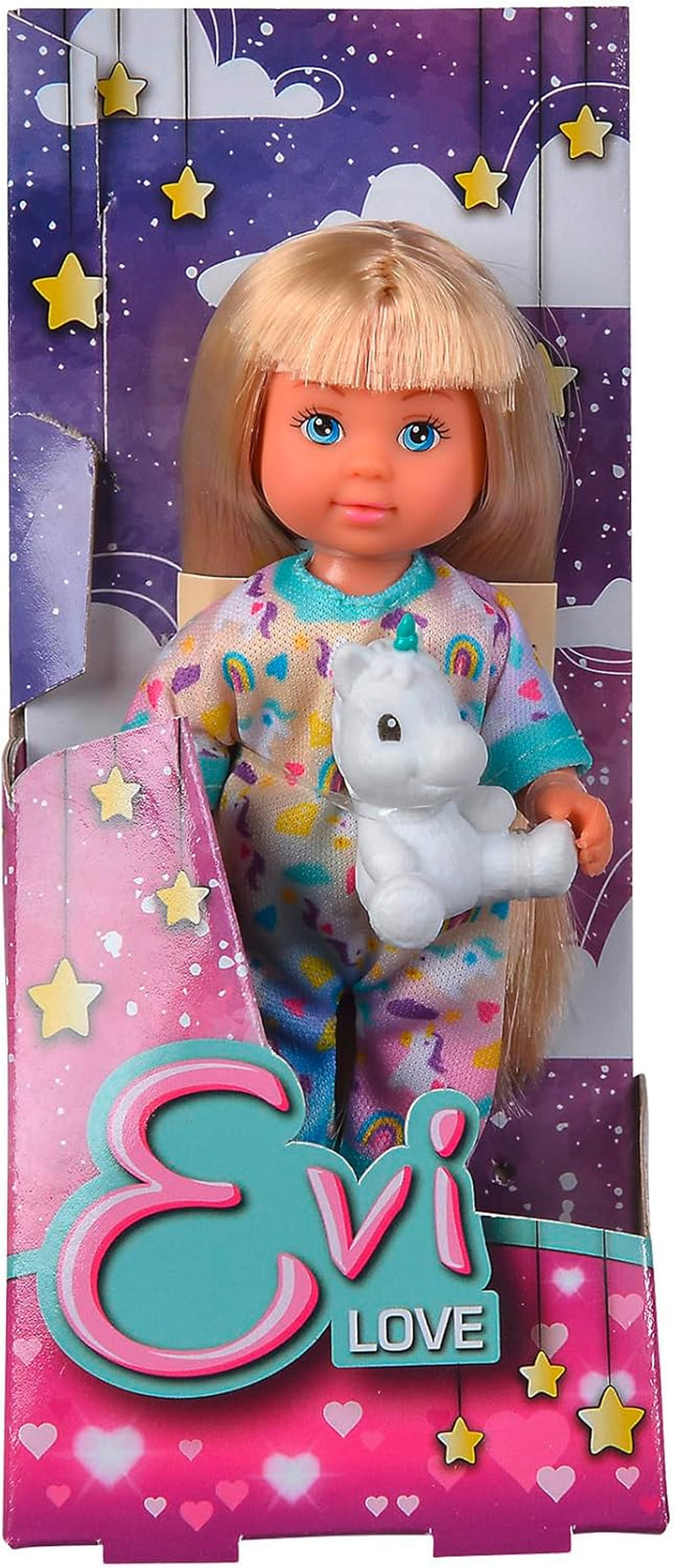 Pijama Simba Evi Love, 3 culori asortate, livrat doar un articol, păpușă în pijama drăguță cu jucărie de pluș unicorn, păpușă de joacă 12 cm, vârste 3+