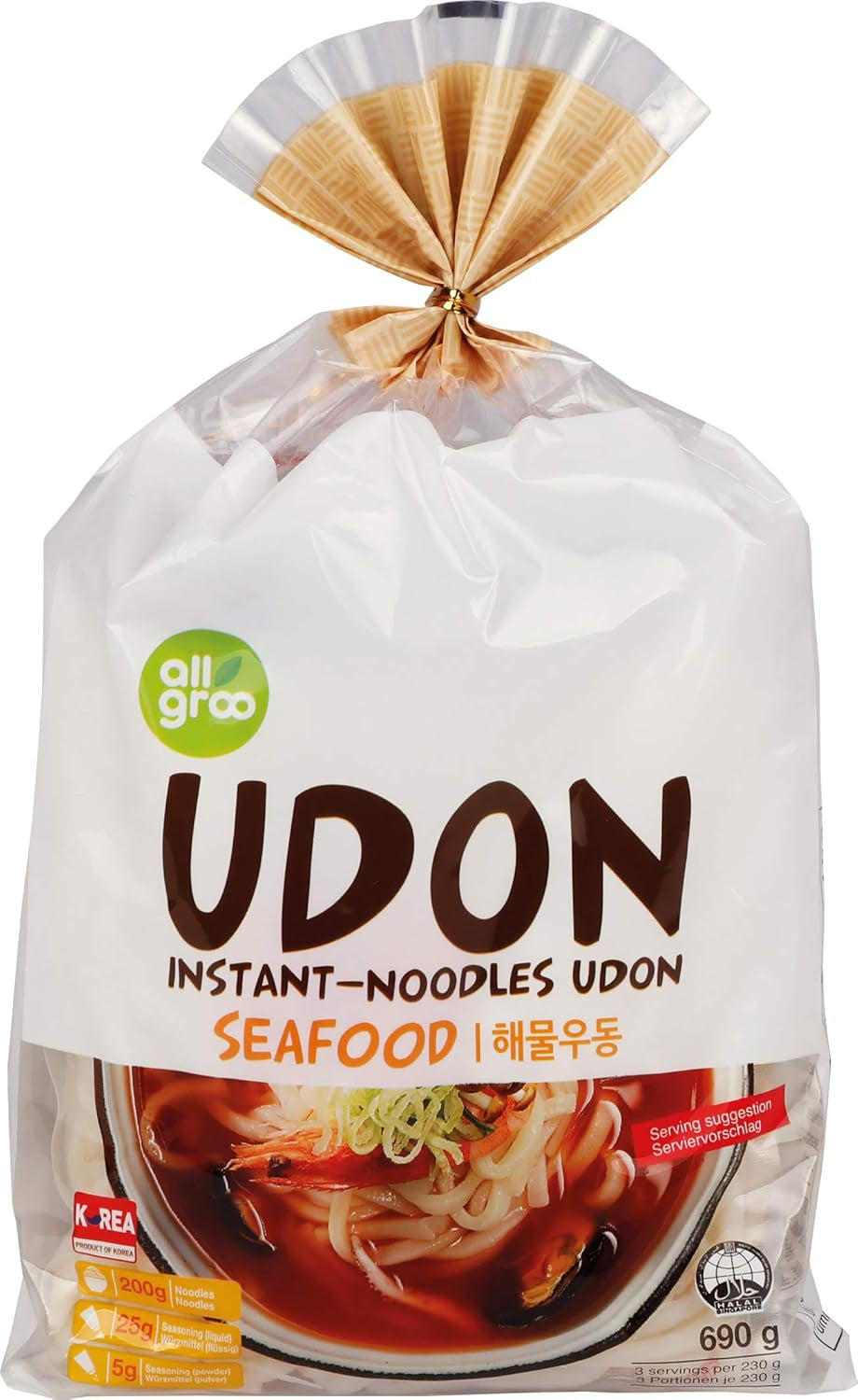 Allgroo Udon Instant Noodles - Pikantní Udon polévka, rychlá příprava - Obsahuje 3 porce - 1 x 690g