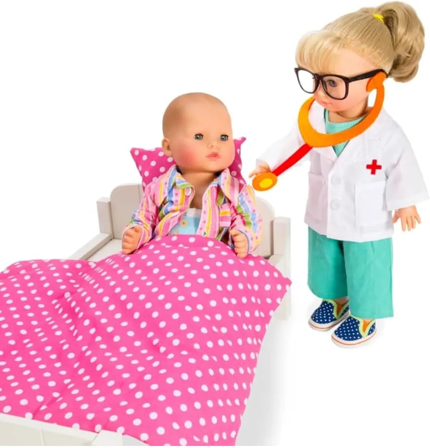 Heless 1653 - Set de îmbrăcăminte pentru păpuși, costum de doctor format din 4 piese cu pantaloni, cămașă, haină de doctor și stetoscop, mărimea 28 - 35 cm