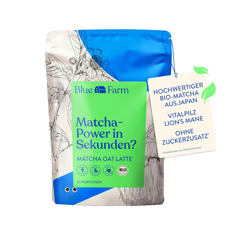 Blue Farm Bio Matcha Oat Latte auf Haferbasis ohne Zuckerzusatz - Mit dem Vitalpilz Lion's Mane - Vegan - bez laktózy a lepku (300 g, Matcha)
